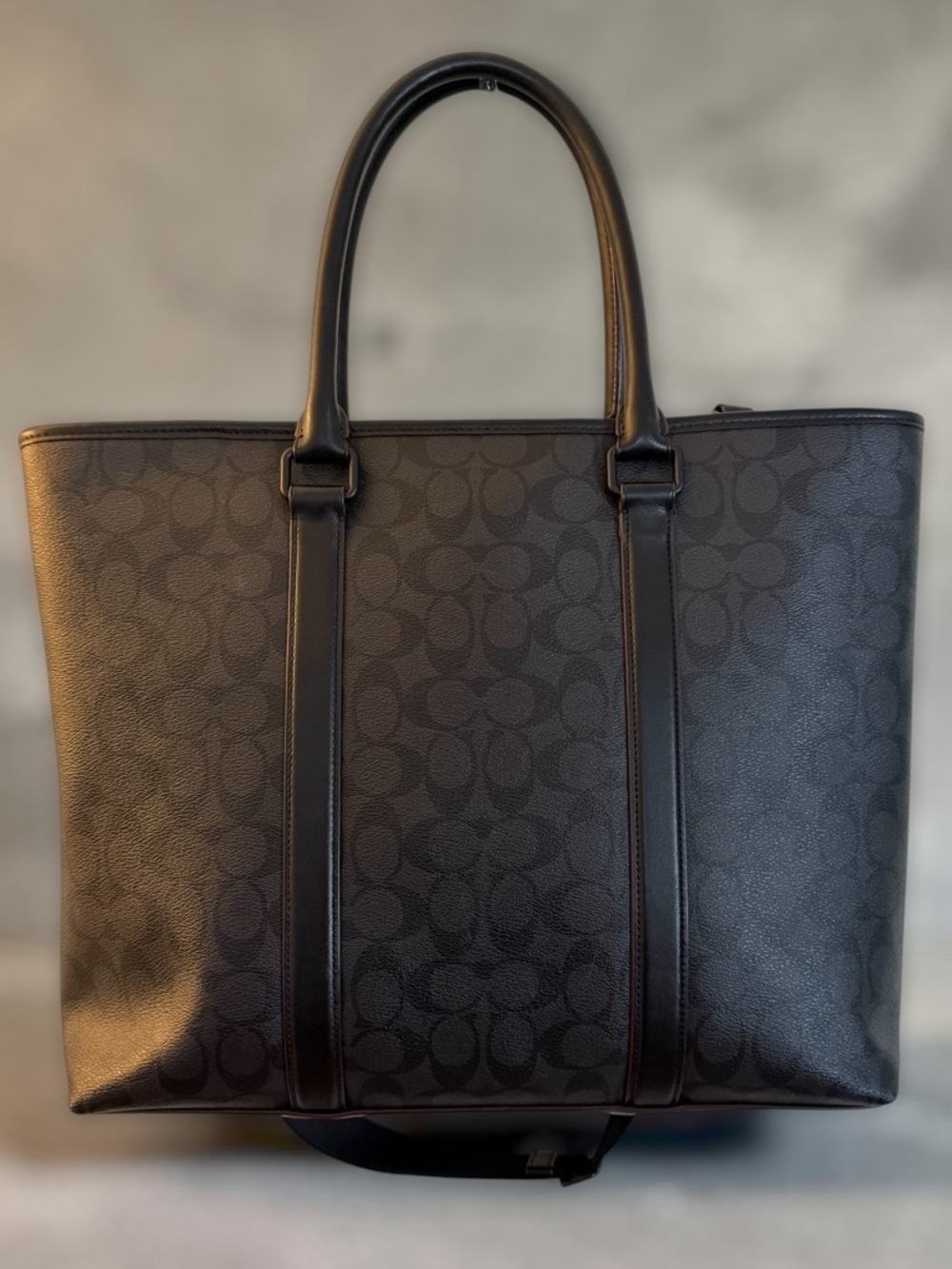 Coach Perry Business Tote F23211 Black Charcoal Signature Oxblood Unisex - Picture 2 of 10